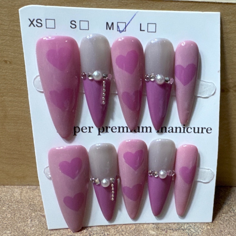 Pink Heart Press On Nails Stiletto Long Pearl Rhinestone Manicure Set Size M‎